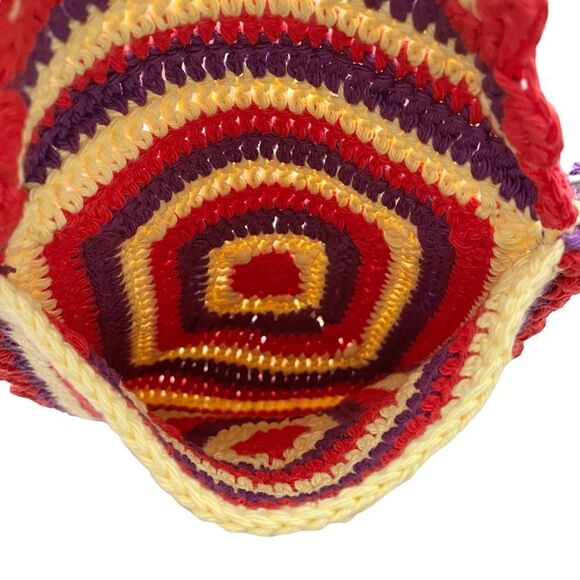 Hand Crafted Granny Square Kids Purse Red Yellow Wood Button Closer Kidcore - Picture 4 of 10